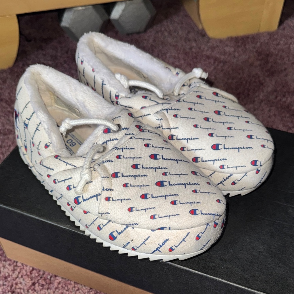 Champion Slippers - White with Red and Blue Logo
